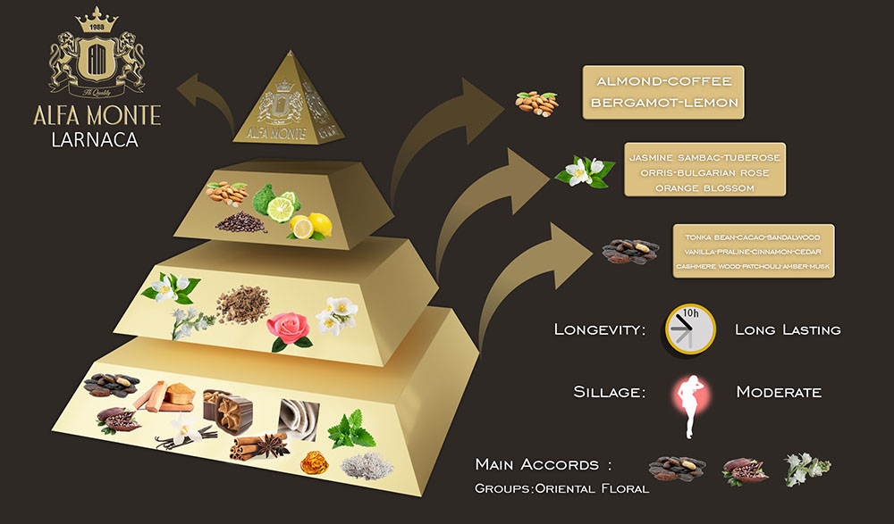اینفوگرافیک عطر لارناکا: نت ها، ماندگاری و پخش بوی عطر لارناکای آلفامونته